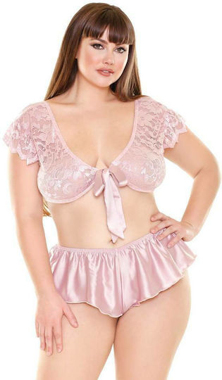 Fantasy Lingerie Lace Set with Tie Top Sexy Σετ Εσωρούχων με Δαντέλα Pink Plus Size 2τμχ