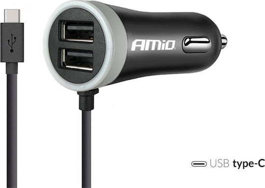 AMiO Φορτιστής Αυτοκινήτου 2.4A με Θύρες: 2xUSB-A μαζί με Καλώδιο Type-C Μαύρο Χρώμα