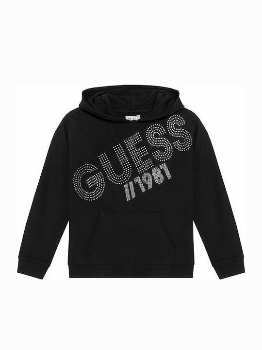 Guess Fleece Kinder Sweatshirt mit Kapuze und Taschen Schwarz