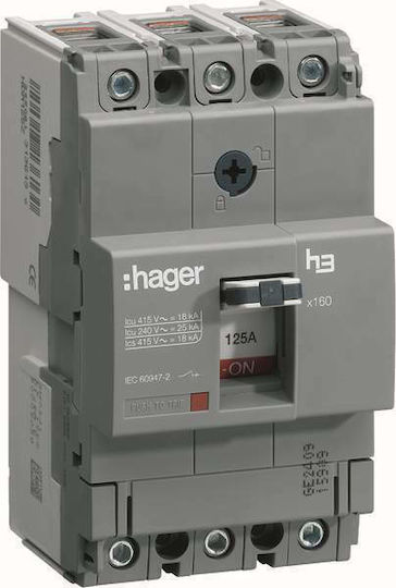 Hager X160 Автоматично захранване Индустриален превключвател Αυτόματος Διακόπτης Ισχύος 25kΑ 3P 125Α Ρυθμιζόμενος HHA125H