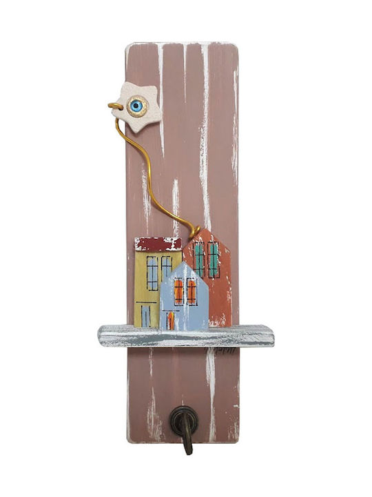 Kapadakis Wood Art Κρεμάστρα Τοίχου Σπίτια Με Κεραμικό Αστέρι Ξύλινη Πολύχρωμη 7x4x25cm