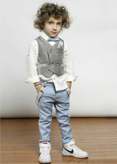 Mi Chiamo Boys Linen Baptism Suit with Vest 4pcs Light Blue