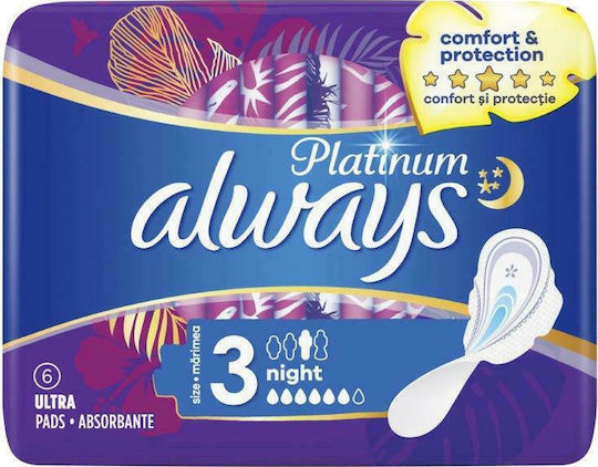 Always Platinum Ultra Night Sanitary Pads with Wings Comfort & Protection for Heavy Flow 6 Drops Size 3 6pcs