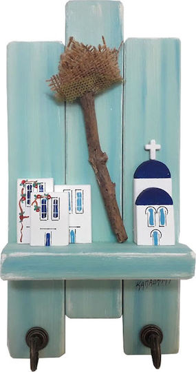 Kapadakis Wood Art Wall Hanger Handmade "Chapel with Nisiotika Houses" Wooden 2 Hooks Blue 15x7x30cm