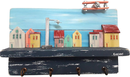 Kapadakis Wood Art Wall Hanger Handmade Airplane Above the City Wooden 4 Hooks Multicolour 35x9x21cm