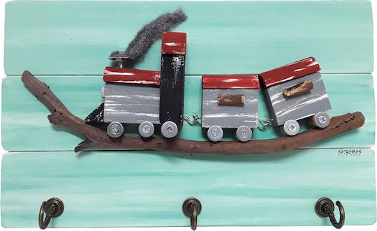 Kapadakis Wood Art Wall Hanger Handmade "Train" Wooden 3 Hooks Multicolour 35x5x21cm
