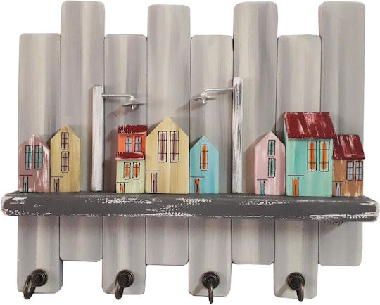 Kapadakis Wood Art Wall Hanger Handmade City with Columns Wooden 4 Hooks Multicolour 35x8x30cm