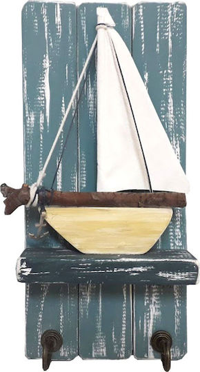 Kapadakis Wood Art Wall Hanger Handmade "Sailboat" Wooden 2 Hooks Blue 15x7x30cm