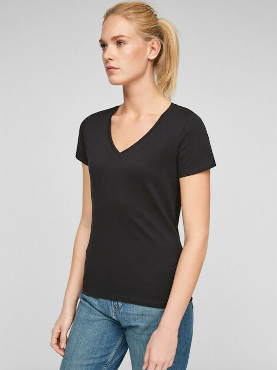 S.Oliver Damen T-Shirt mit V-Ausschnitt Schwarz