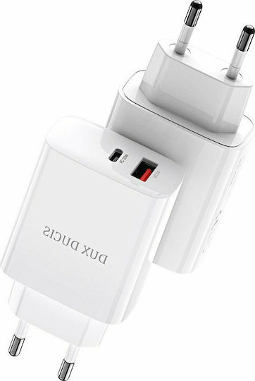 Dux Ducis Зарядно без кабел с USB-A порт и USB-C порт 20W Бял (C70)