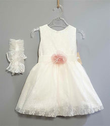 Makis Tselios Fashion Λευκό Βαπτιστικό Σετ Ρούχων με Αξεσουάρ Μαλλιών & Φόρεμα από Δαντέλα 2τμχ