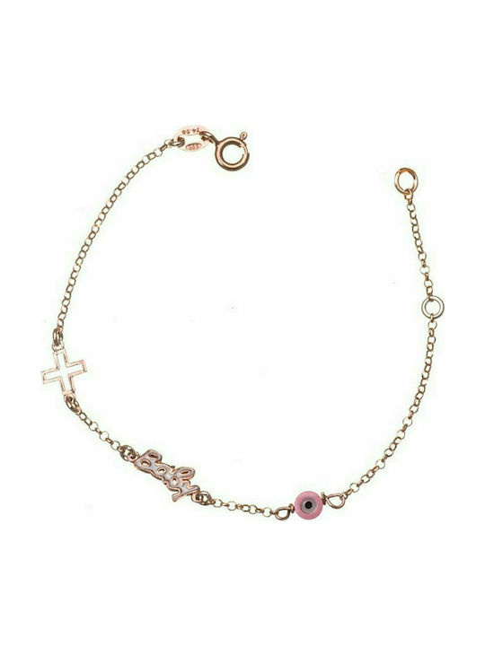 Children's bracelet made of pink gold plated silver with baby cross eye