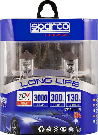 Sparco Lămpi Autoturismului Long Life 130% H4 Halogen 3000K Alb cald 12V 55W 2buc