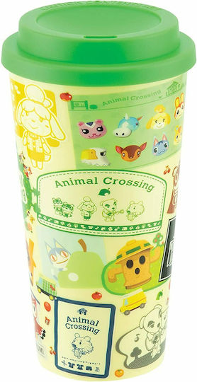 Paladone Animal Crossing Travel Glass Thermos Plastic 450ml Green with Mouthpiece