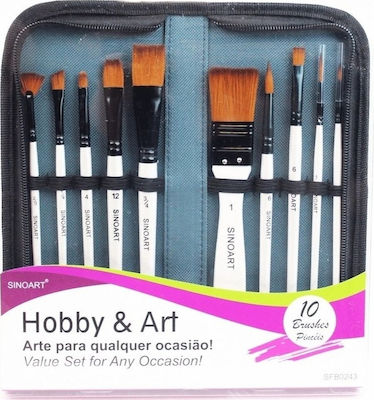 Art & Hobby Paint Brush Set Πλακέ & Στρογγυλά Συνθετικά σε Υφασμάτινη Θήκη 10pcs