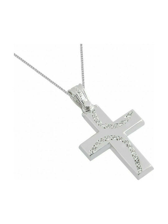 CHRISTENING CROSS WOMEN'S WHITE GOLD WITH CHAIN 14K WITH CUBIC ZIRCONIA STONES F20