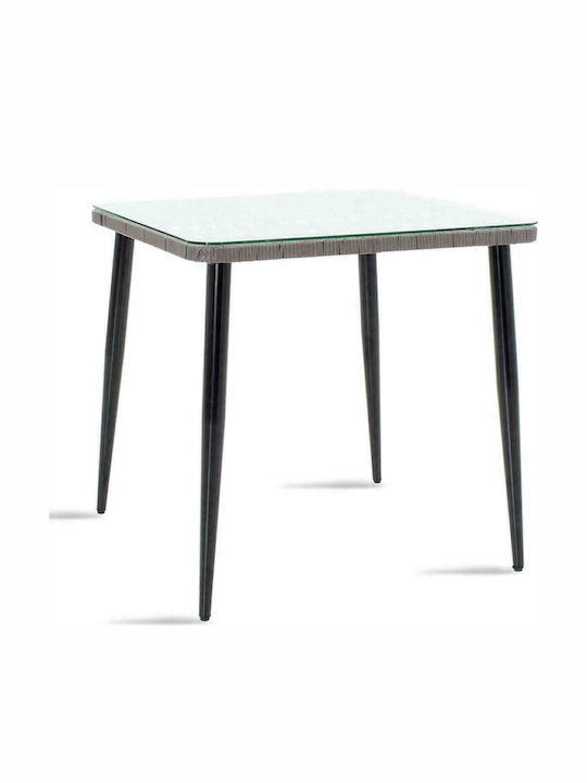 Naoki Outdoor Dinner Free Standing Table with Glass Surface and Metal Frame Black - Grey 80x80x78cm