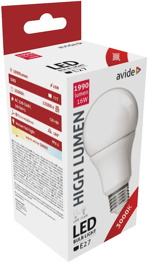 Avide ABG27WW-16W-AP Λάμπα LED 16W 71mm για Ντουί E27 και Σχήμα A70 Θερμό Λευκό 1990lm