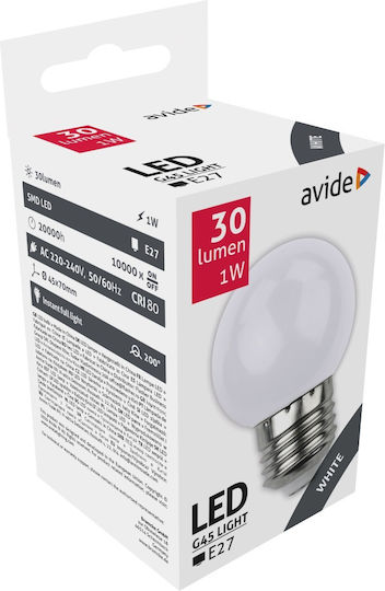Avide ABDLG45-1W-W Λάμπα LED 1W 70mm για Ντουί E27 και Σχήμα G45 Φυσικό Λευκό 30lm