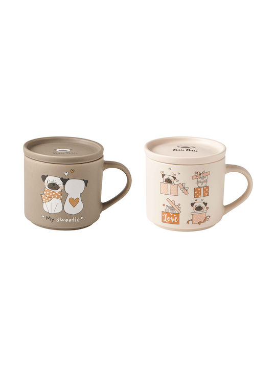 Marva Ceramic Cup with Lid Beige 2pcs