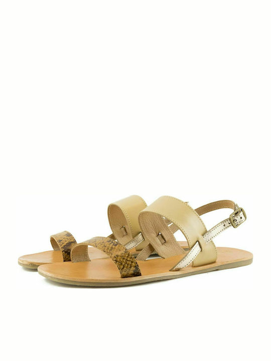 Adam's Shoes Leather Women's Flat Sandals In Beige Colour