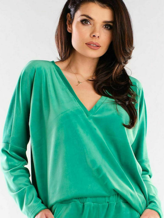 Awama Women's Blouse Long Sleeve with V Neckline Green