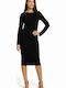 Stylove All Day Long Sleeve Cotton Midi Dress with Boatneck Black , Slim Fit S152 130431