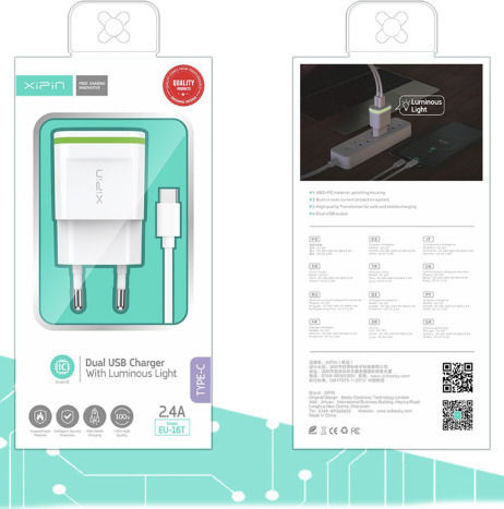 Xipin Charger with 2 USB-A Ports and Cable Lightning Whites (EU-16T)