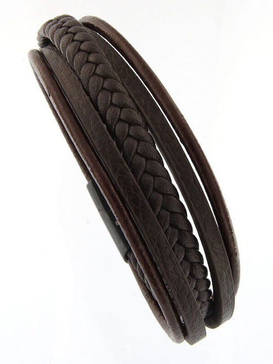 Men's steel bracelet with quadruple brown leather and safety clasp.