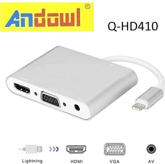 Andowl Q-HD410 Converter Lightning Male to 3.5mm HDMI VGA Female White 1 Piece