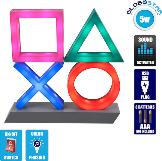 GloboStar LED Kinderprojektorlampe Playstation Icons mit Musterprojektion Mehrfarbig 31.5x7x30εκ.