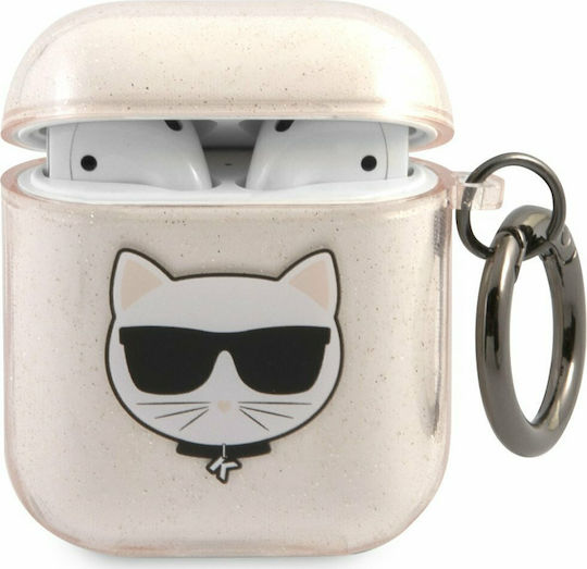 Karl Lagerfeld Glitter Choupette Case Silicone with Hook in Gold color for Apple AirPods 1 / AirPods 2