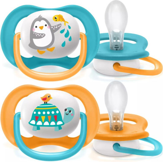 Philips Ultra Air Orthodontic Pacifiers Silicone with Case Penguin-Turtle - Blue - Orange for 6-18 months 2pcs