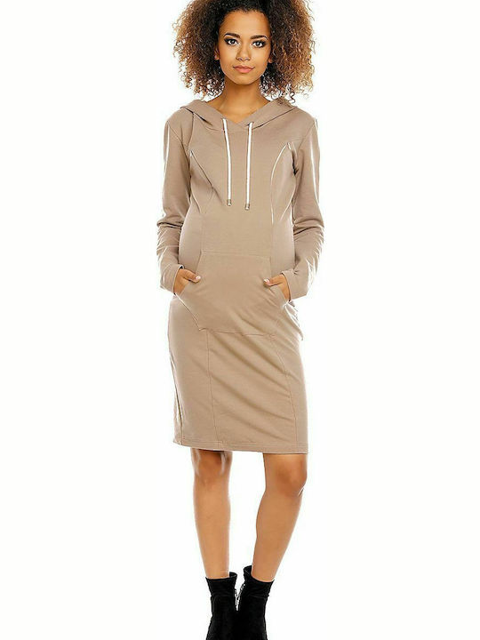 PeeKaBoo Hooded Winter Cotton Long Sleeve Maternity Midi Dress 1580 Beige