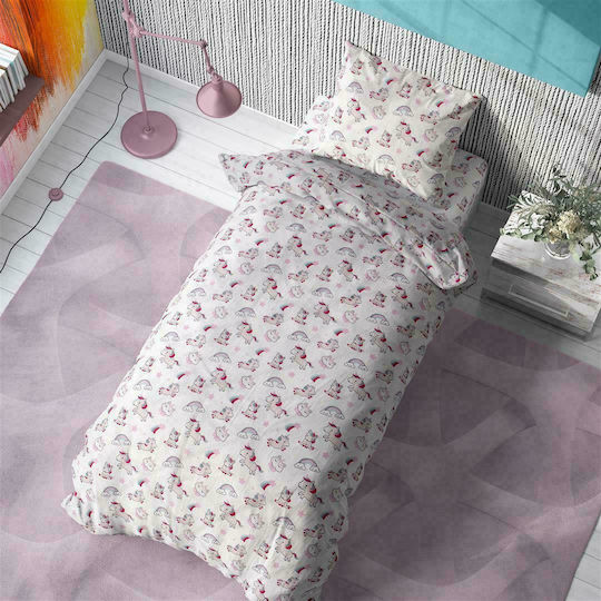 Dimcol Set Cearceafuri Pentru Copii Single Unicorn 108 Alb-Roz 160x240cm