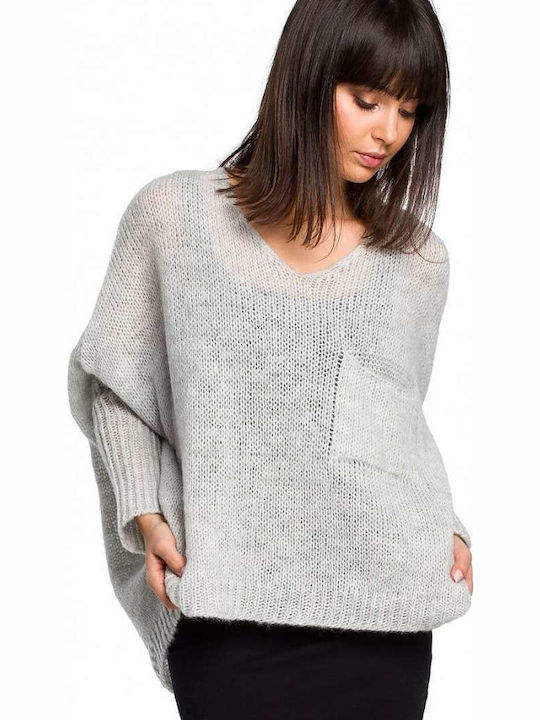 BE Knit Damen Langarm Pullover mit V-Ausschnitt Gray