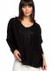 BE Knit Women's Long Sleeve Sweater with V Neckline Black