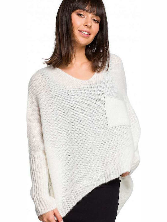 BE Knit Women's Long Sleeve Sweater with V Neckline White