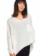 BE Knit Women's Long Sleeve Sweater with V Neckline White