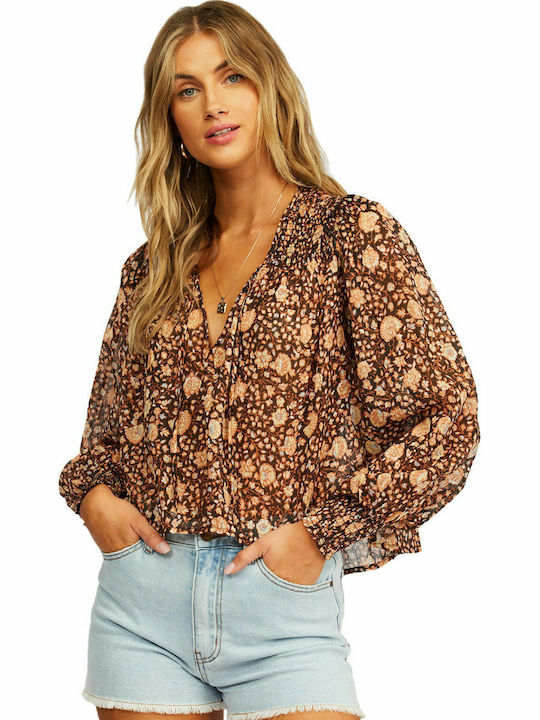Billabong Late Night Tunic Long Sleeve with V Neckline Floral Black/Brown