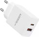 Veger Charger Without Cable with USB-A Port and USB-C Port 20W Power Delivery / Quick Charge 3.0 Whites (VLS202U)