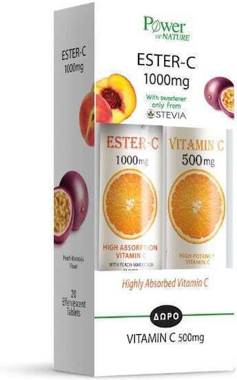 Power Of Nature Ester C & Vitamin C 500mg Βιταμίνη για Ενίσχυση του Ανοσοποιητικού, τo Δέρμα & Αντιοξειδωτική δράση 1000mg Ροδάκινο Πορτοκάλι 40 αναβράζοντα δισκία