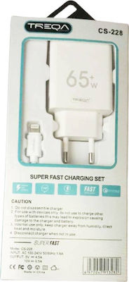 Treqa Φορτιστής με Θύρα USB-A και Καλώδιο Lightning 65W Λευκός (CS-228)