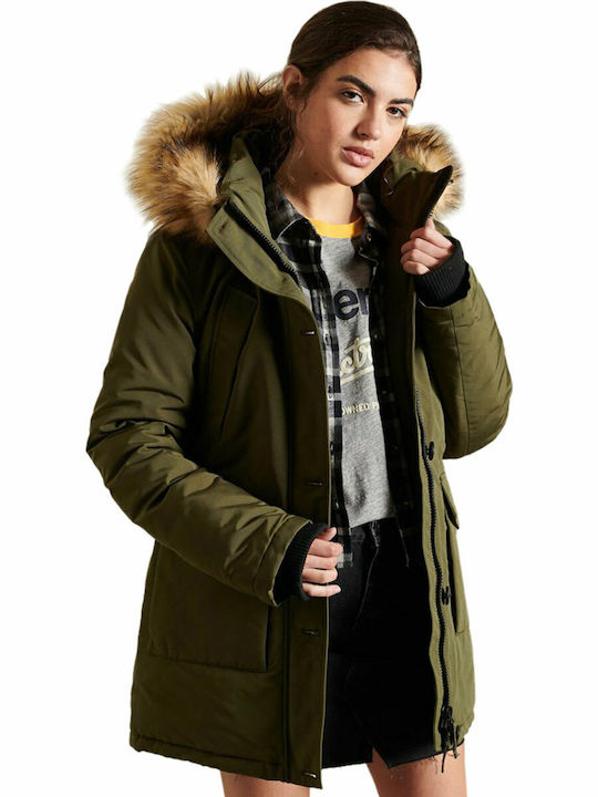 Superdry Everest Lang Damen Parka Jacke mit pelziger Kapuze für