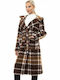 Biston Women's Checked Midi Coat with Belt and Hood Camel