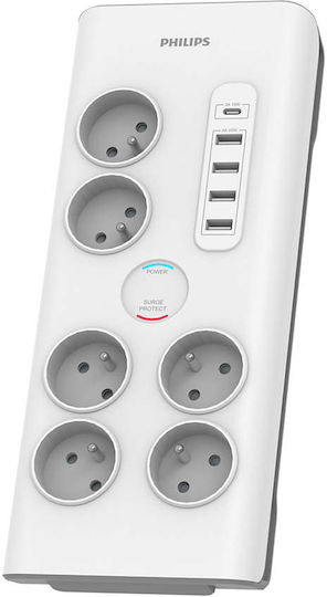 Philips Πολύπριζο Aσφαλείας 6 Θέσεων με 4 USB-A, 1 USB-C, Διακόπτη και Καλώδιο 2m