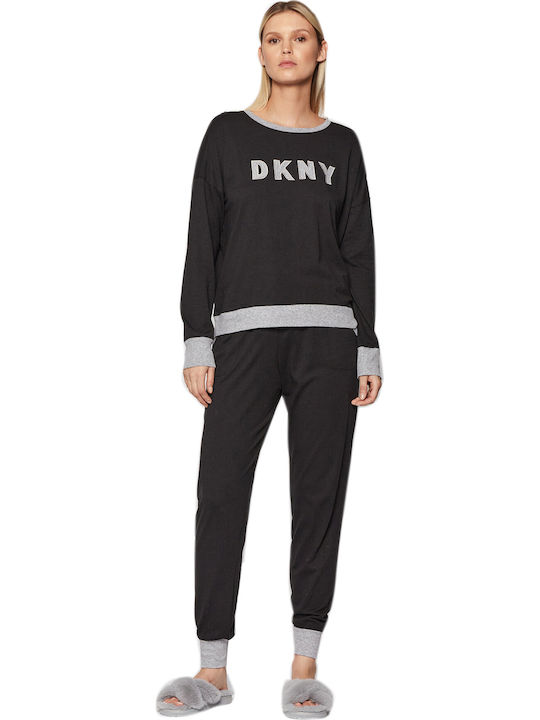 DKNY Χειμερινό Γυναικείο Σετ Πιτζάμας Βαμβακερό Μαύρο