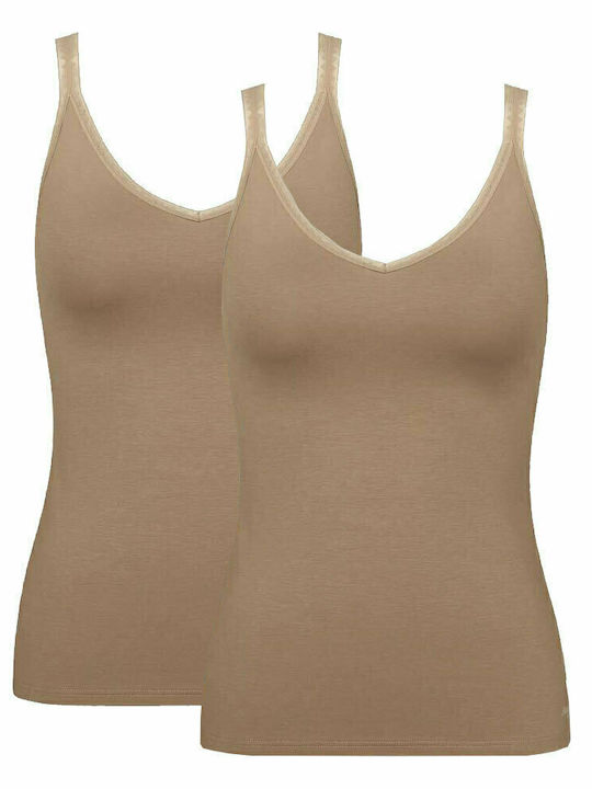 Go H Без ръкави Памучно Дамски тениски Кафяв 2Pack