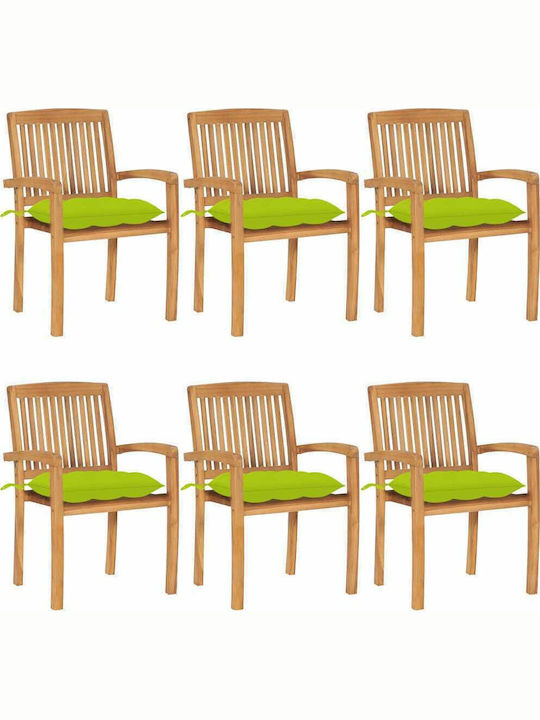 Καρέκλα Εξωτερικού Χώρου Ξύλινη με Μαξιλάρι Ξύλο Teak / Φωτεινό Πράσινο 6τμχ 60x57.5x90εκ.