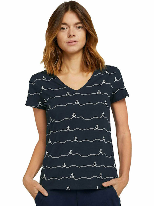 Tom Tailor Women's T-shirt with V Neckline Striped Navy Blue